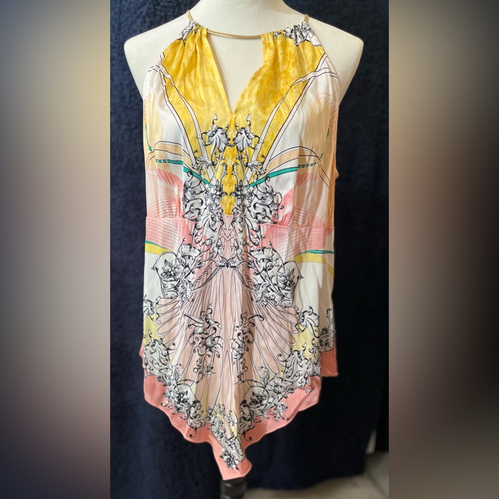 NWT Cache Silk Keyhole Front Handkerchief Hem Boho Printed Flowy Halter Top